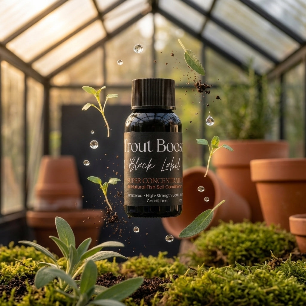 Trout Boost Black Label 1 oz bottle in a greenhouse