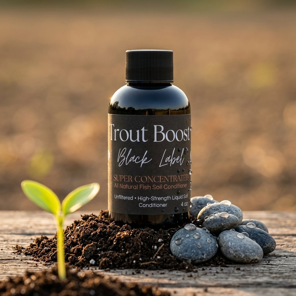 Trout Boost Black Label 4 oz bottle with seedling and soil