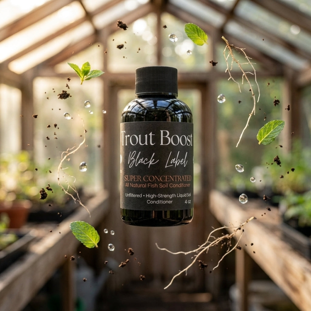 Trout Boost Black Label — super-concentrated soil conditioner, greenhouse hero